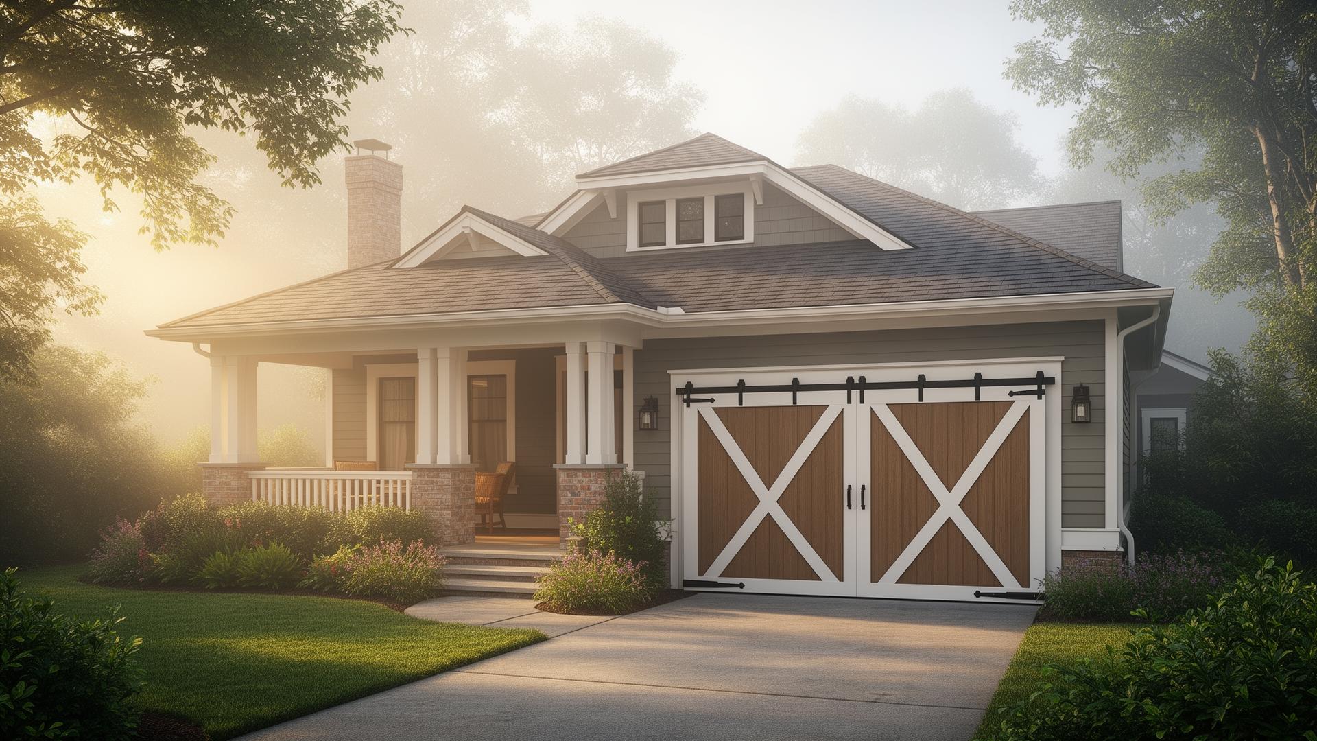 Beautiful farmhouse barn-style garage door with X-pattern design on craftsman bungalow home in Newbury Ohio